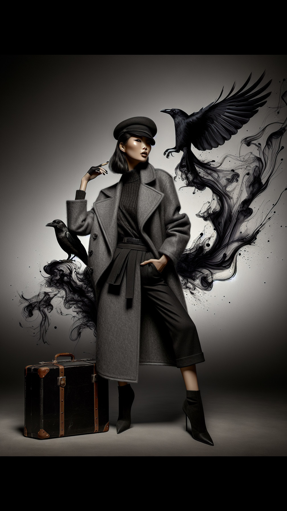 Fashionable figure in grey coat with crow silhouettes