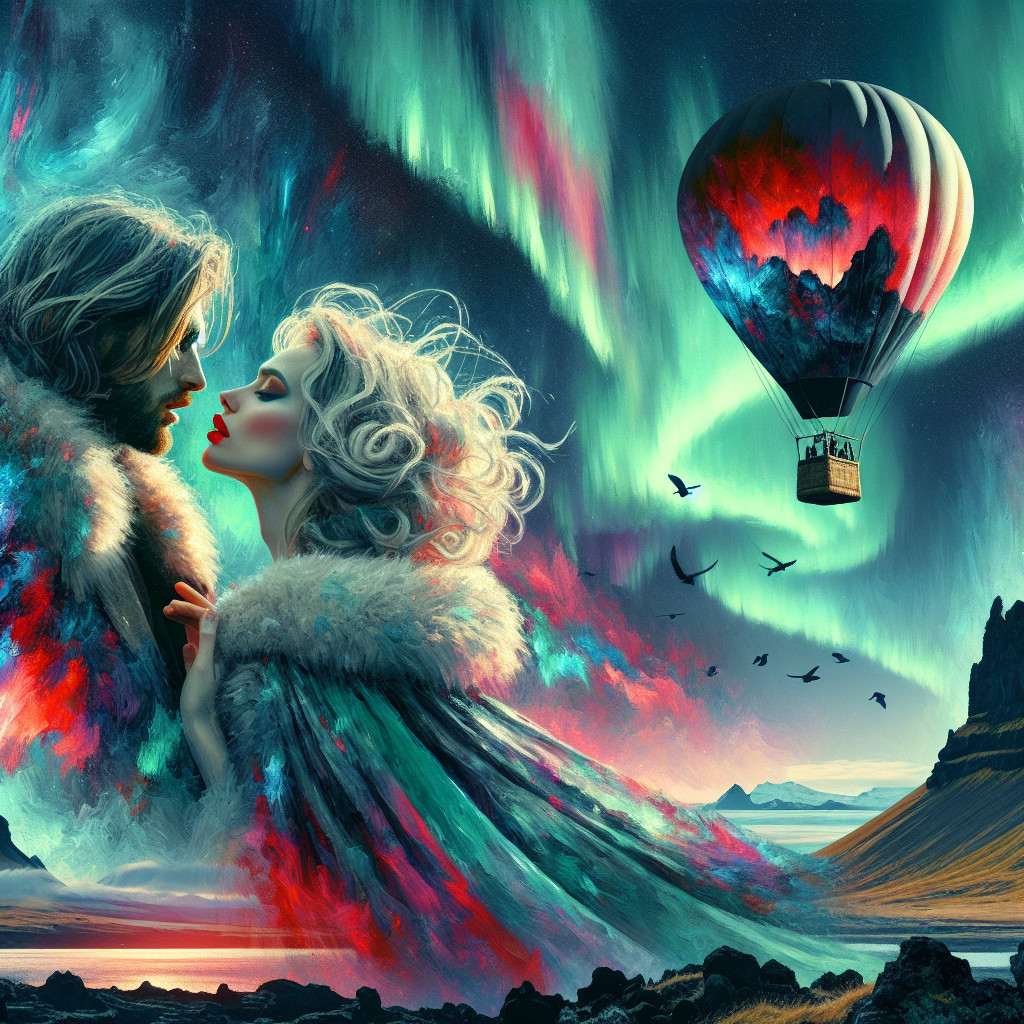 Couple in Dreamlike Landscape with Auroras and Balloon