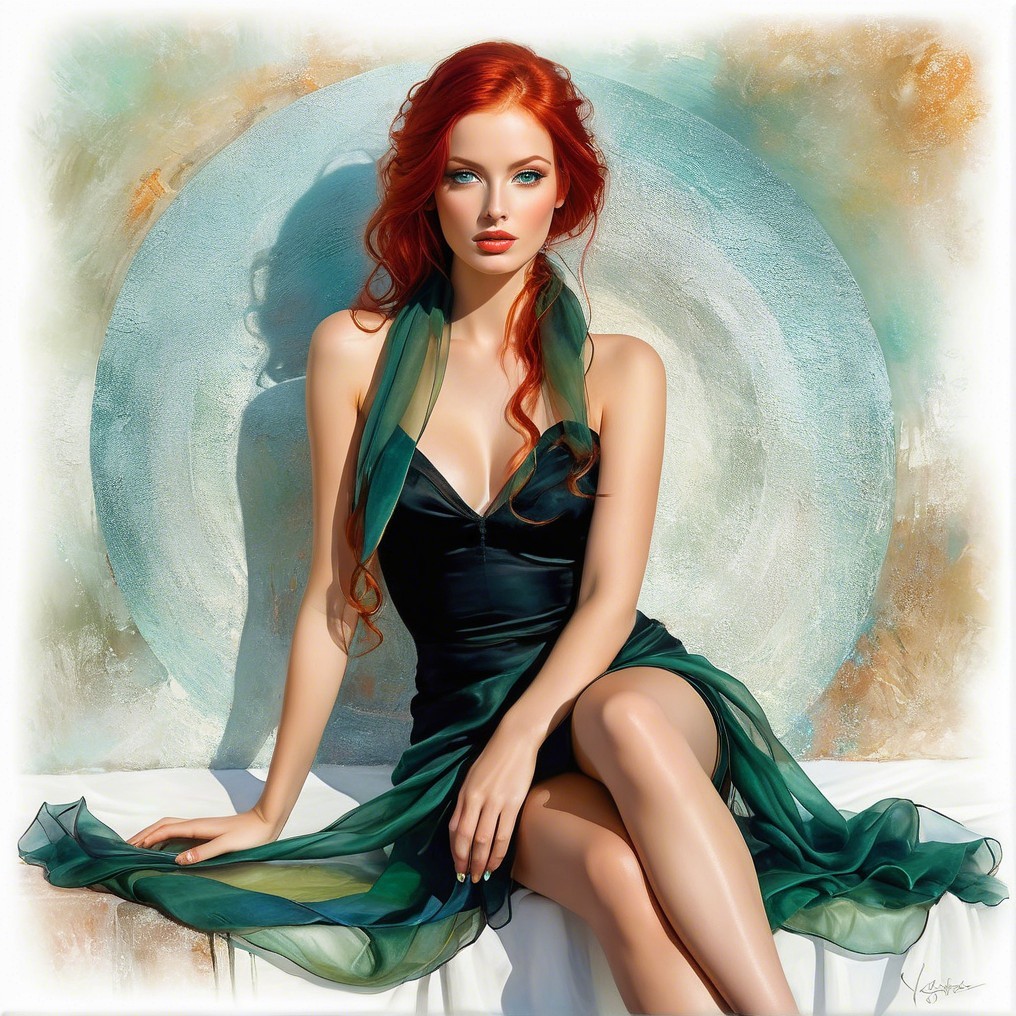 Elegant Woman in Black Dress with Red Hair and Scarf