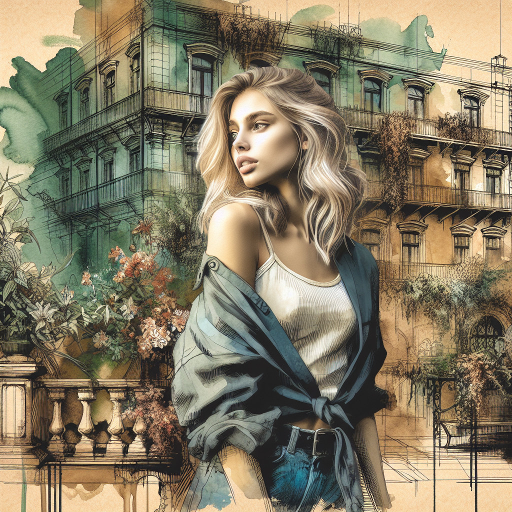Young woman in casual outfit among greenery and flowers