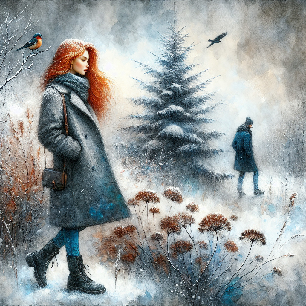 Winter Landscape with Young Woman and Snowy Tree