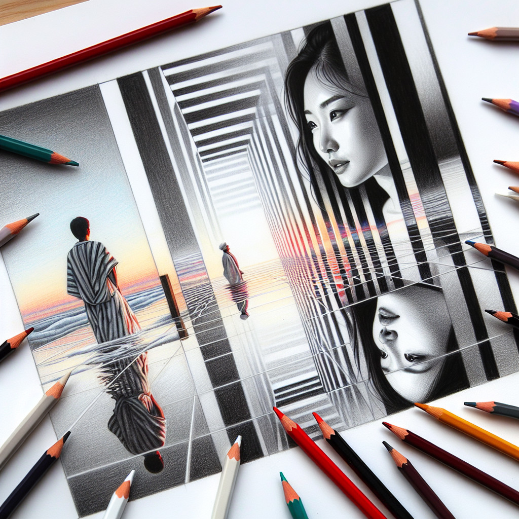 Colored Pencil Drawing of Waterscape and Portrait