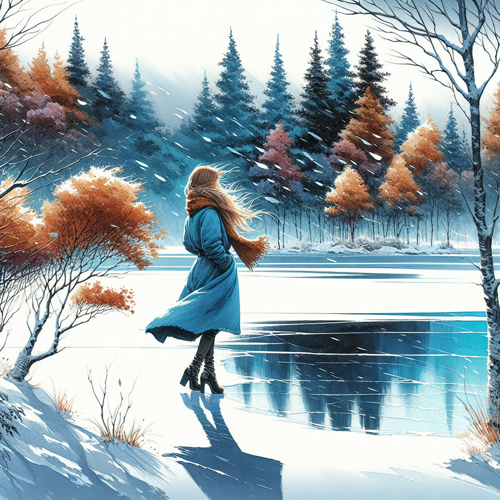 Serene Winter Landscape with Figure by Frozen Lake