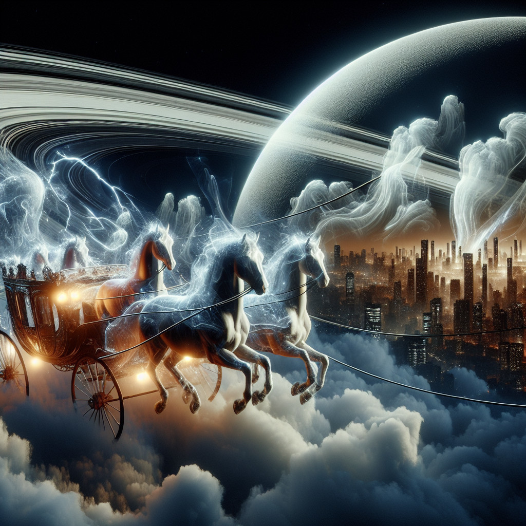 Whimsical Carriage with Spectral Horses in Futuristic City