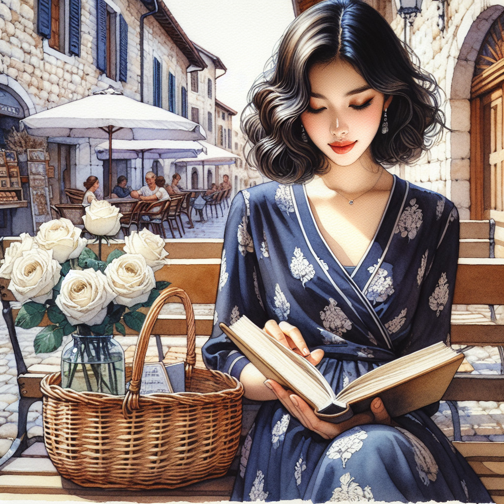 Young Woman Reading on Cobblestone Street Bench