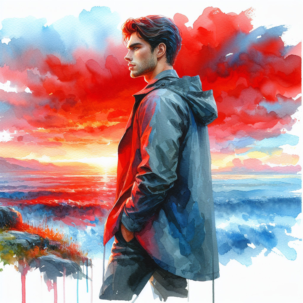 Young Man on Hilltop Watching Vibrant Sunset
