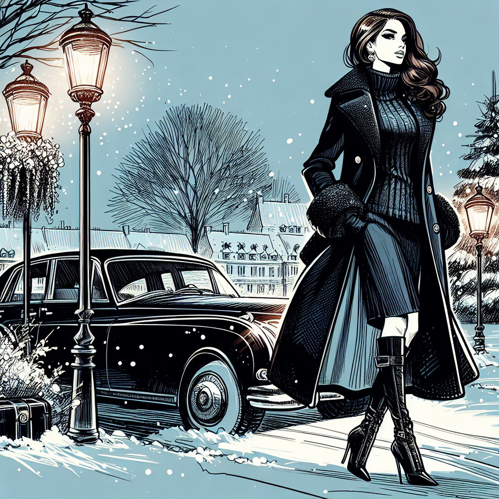 Winter Fashion Illustration of Woman by Classic Car