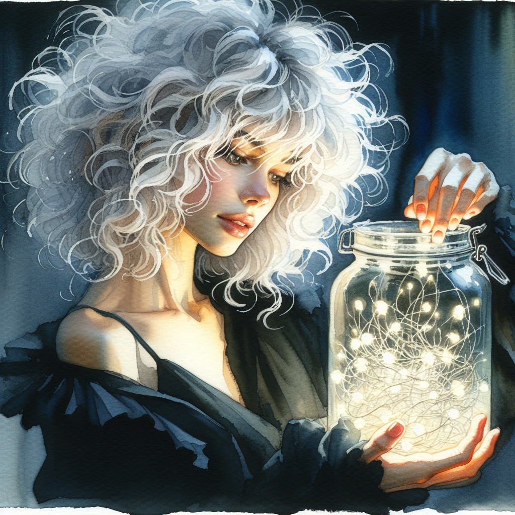 Young woman with curly hair gazing at glowing jar