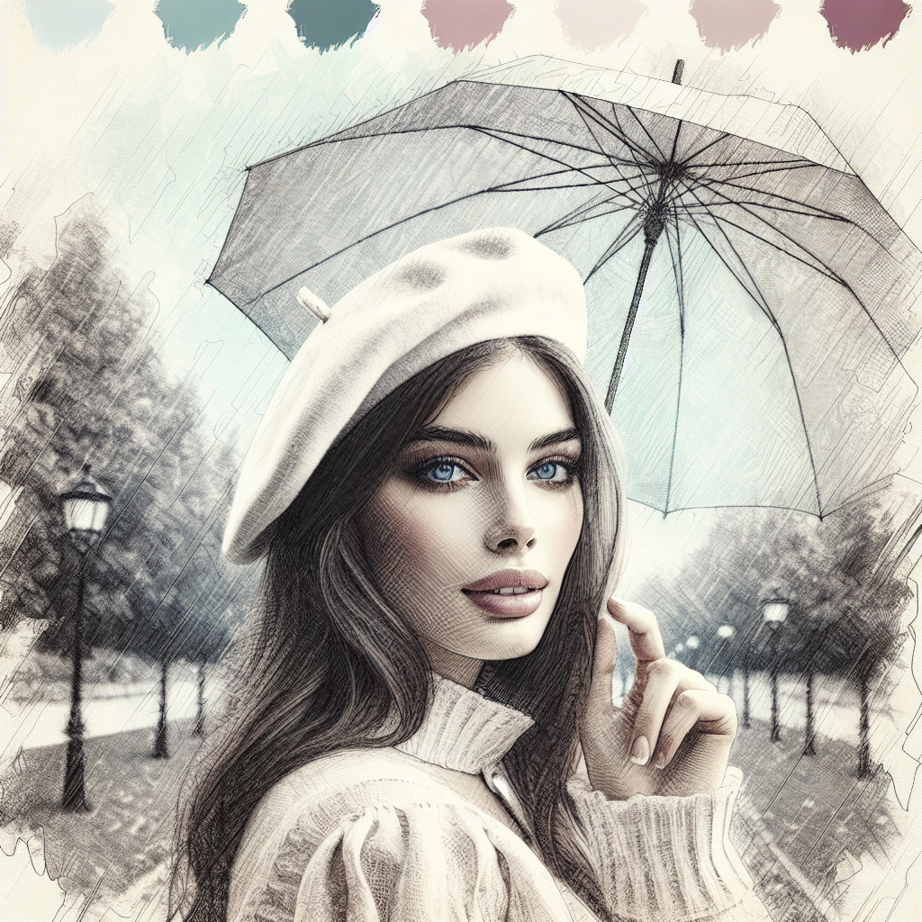 Stylish Woman with Umbrella in Serene Sketch Setting