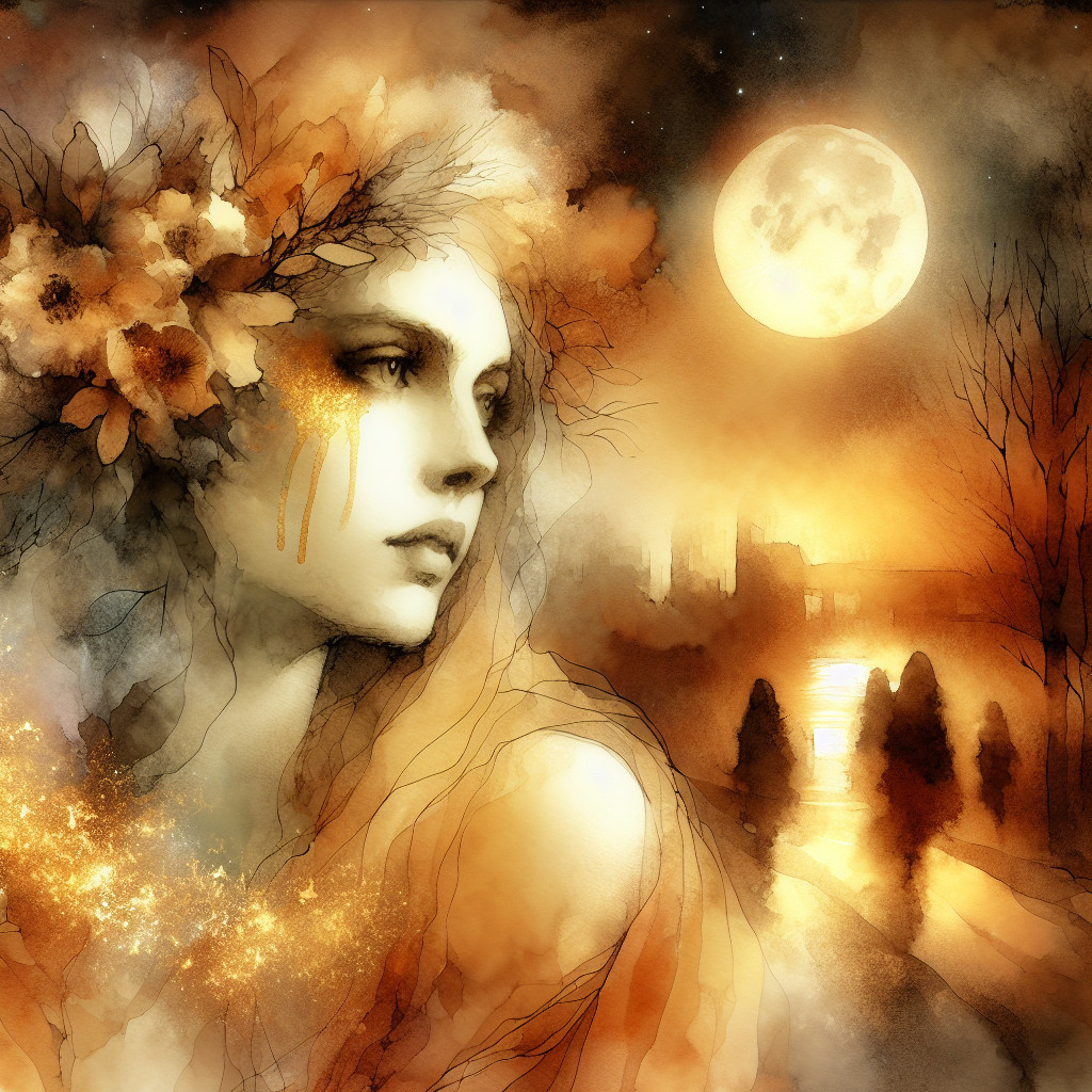 Serene Woman with Floral Elements Under Full Moon