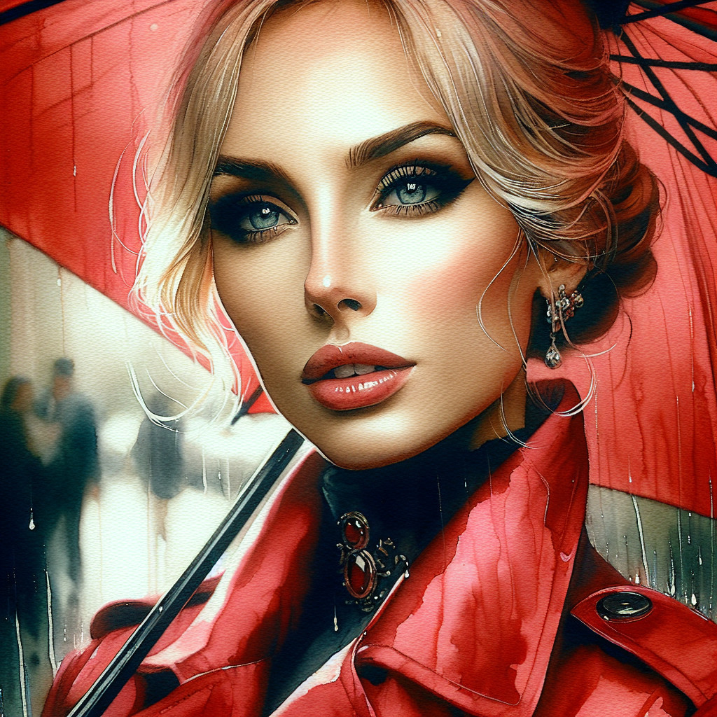 Portrait of a Woman with Red Umbrella in City Rain
