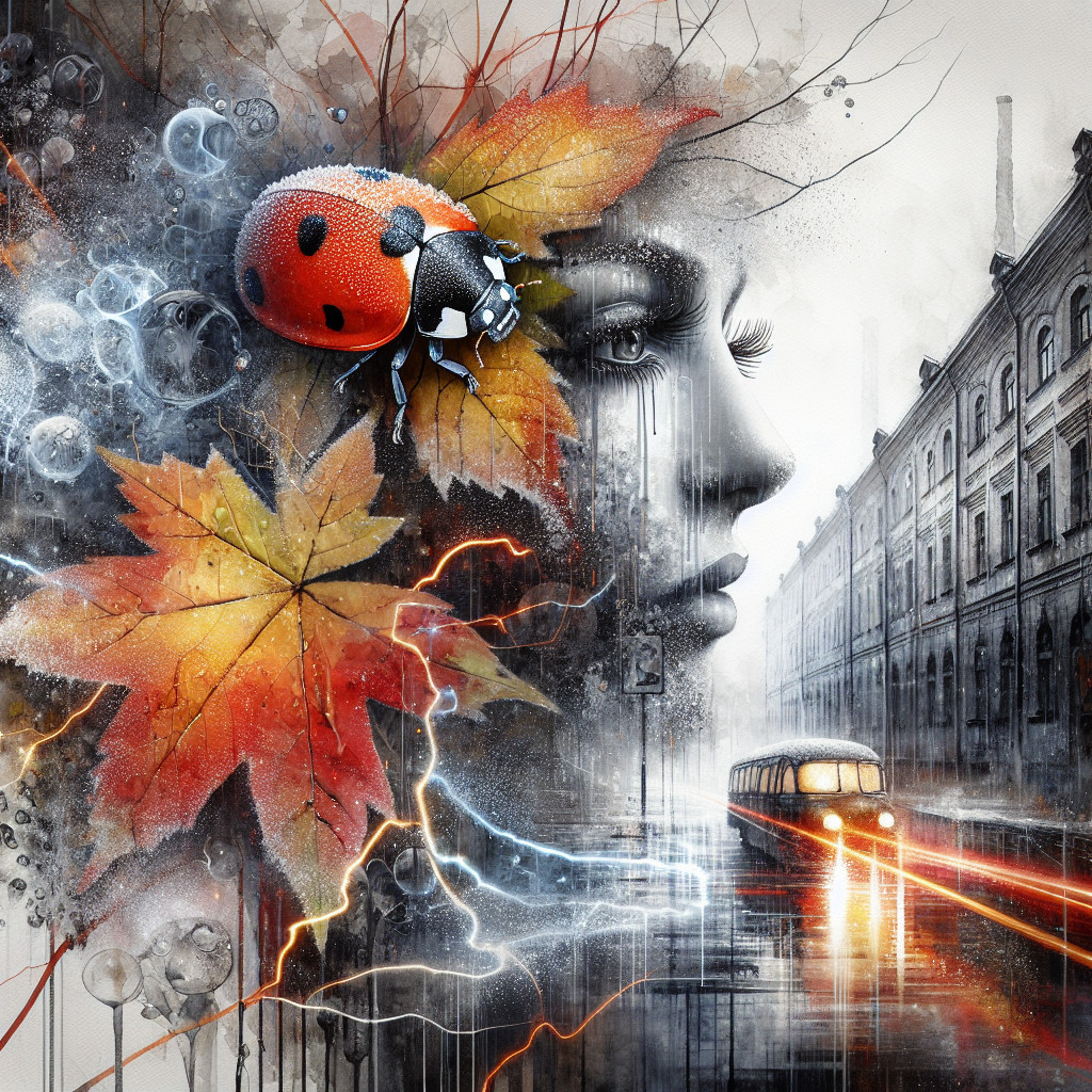 Realistic and Abstract Artwork of Woman with Autumn Leaves