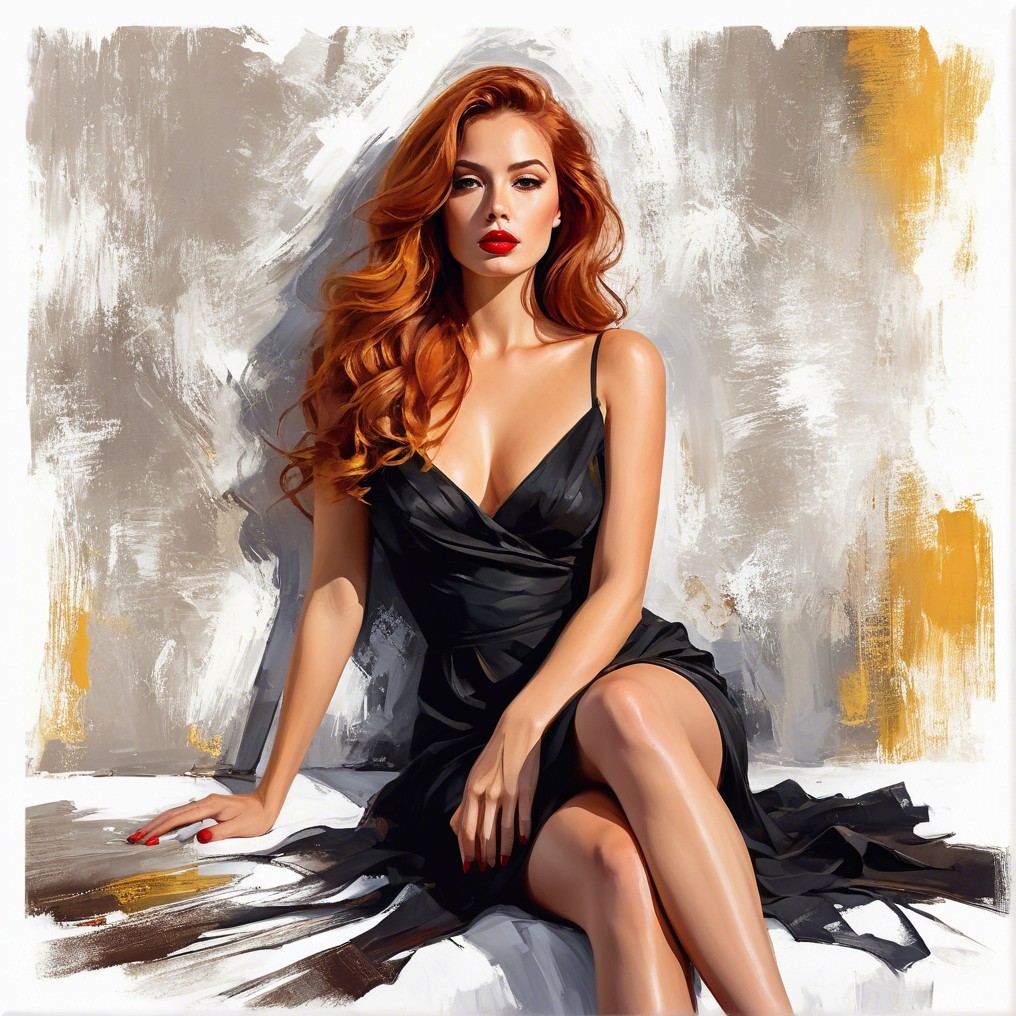 Glamorous Woman in Black Dress with Red Hair
