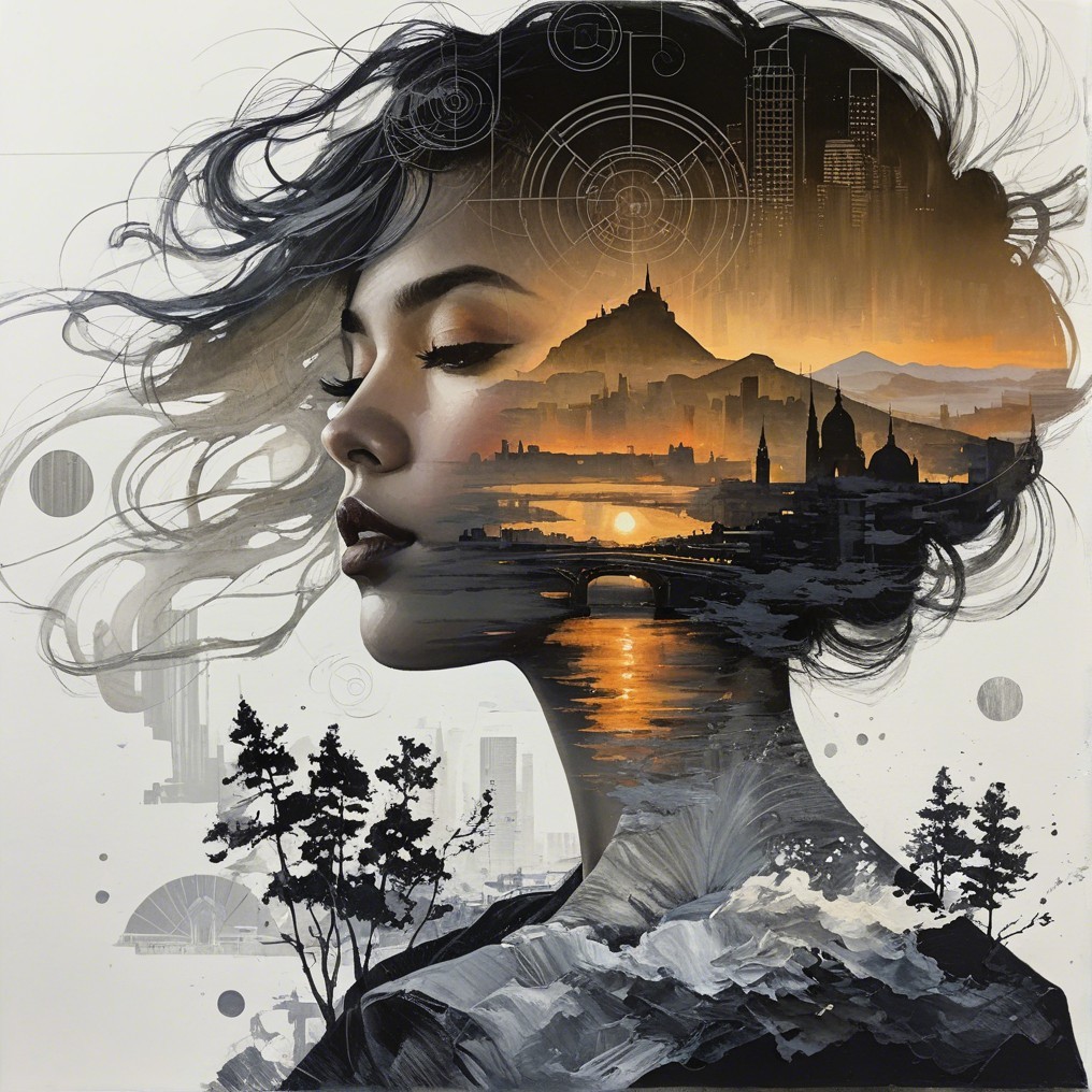 Serene Woman's Profile with Cityscape at Sunset