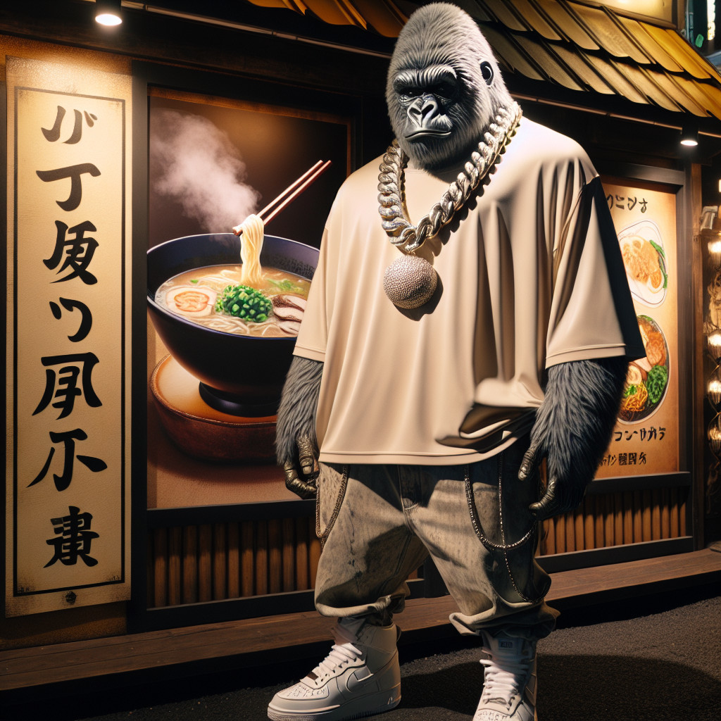 Gorilla in Fashionable Attire Outside Japanese Restaurant