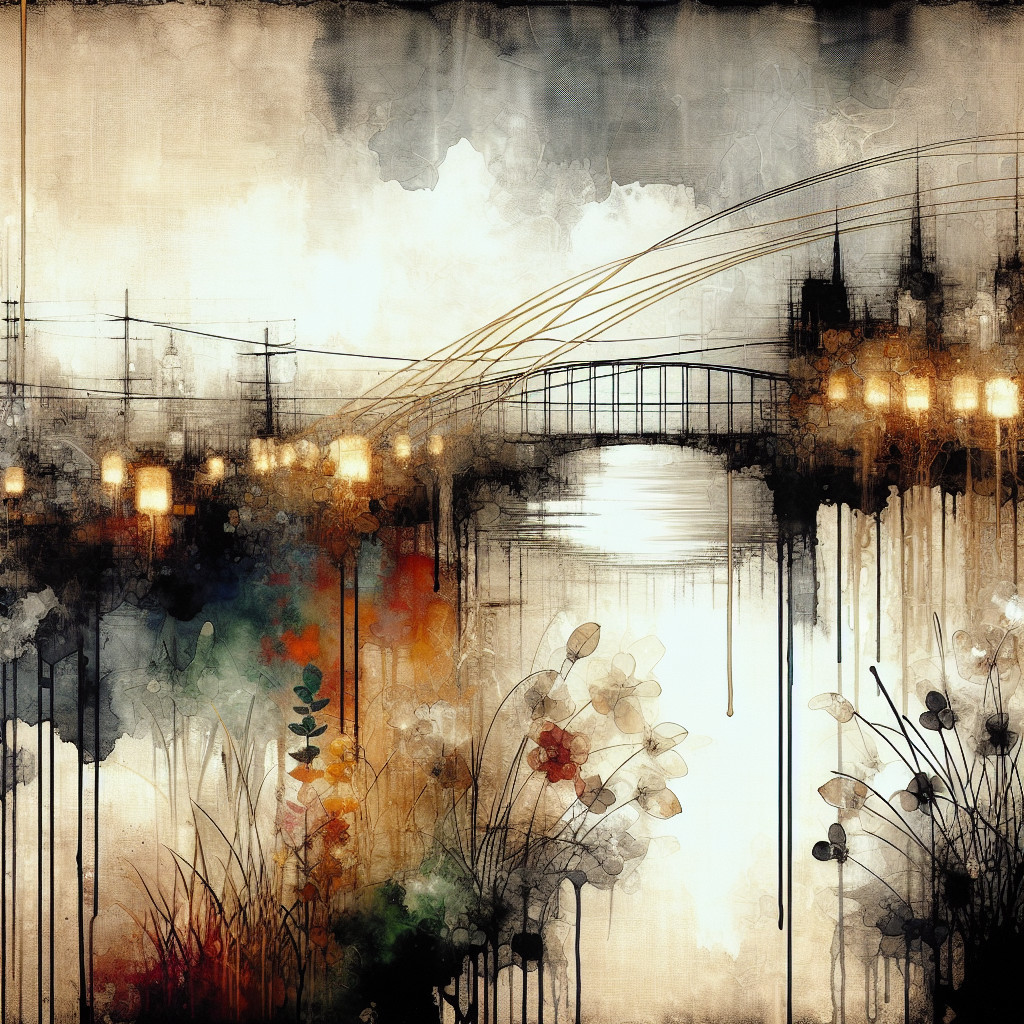 Abstract Watercolor Cityscape with Illuminated Bridge