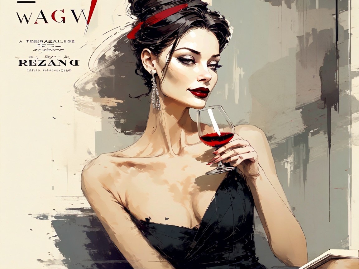 Elegant Woman in Black Dress with Red Wine