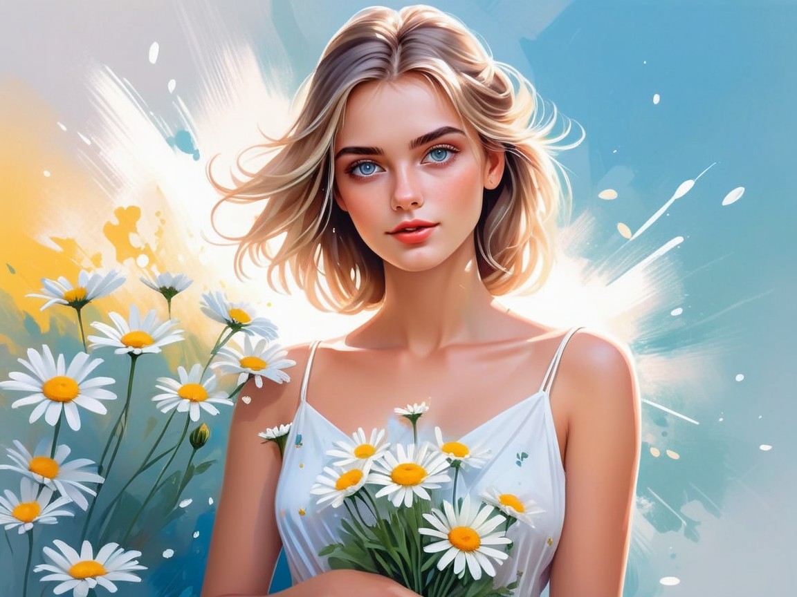 Young woman in white dress with daisies in soft colors
