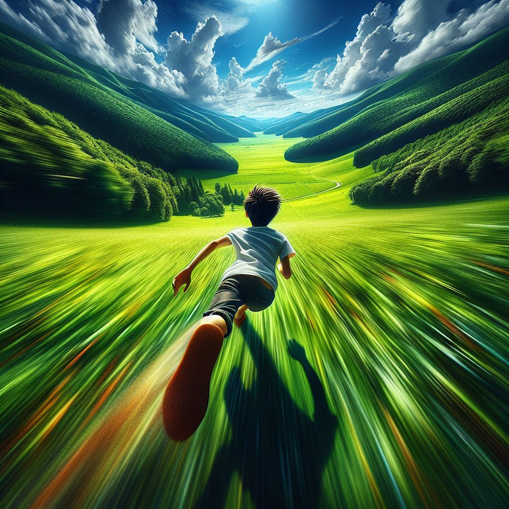 Young boy running in a vibrant green valley landscape