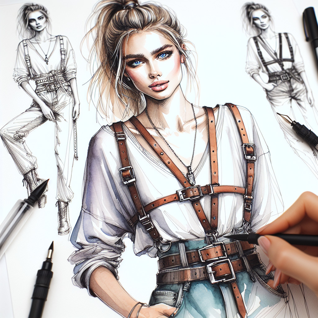 Fashion Illustration of Young Woman in Chic Outfit