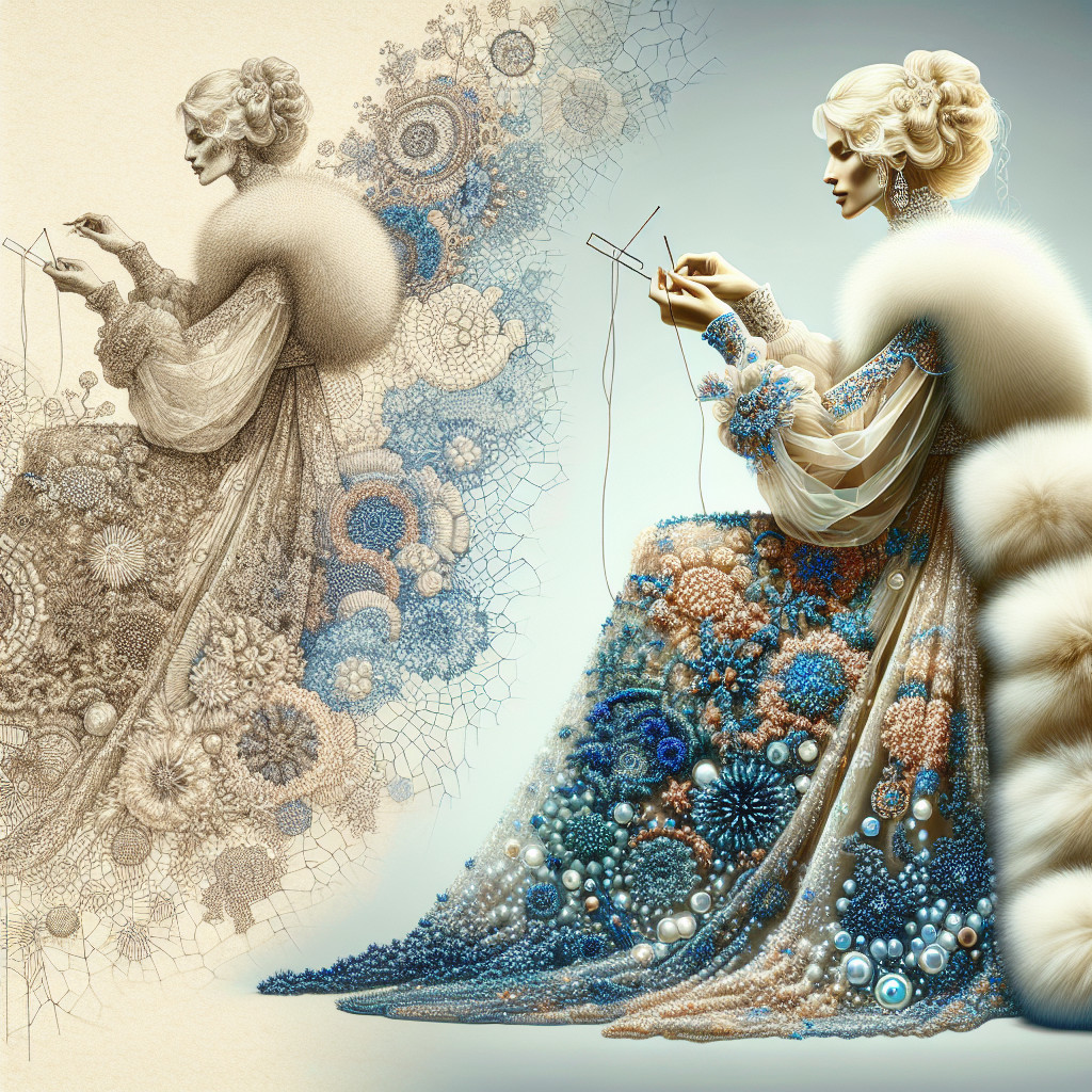 Stylish Woman in Floral Gown Engaged in Embroidery