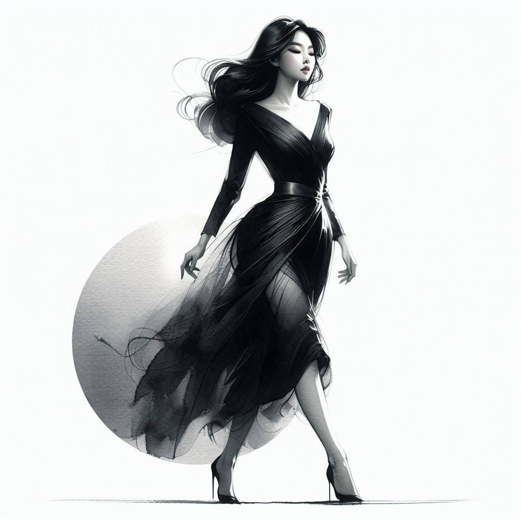 Elegant Woman in Black Evening Gown Illustration