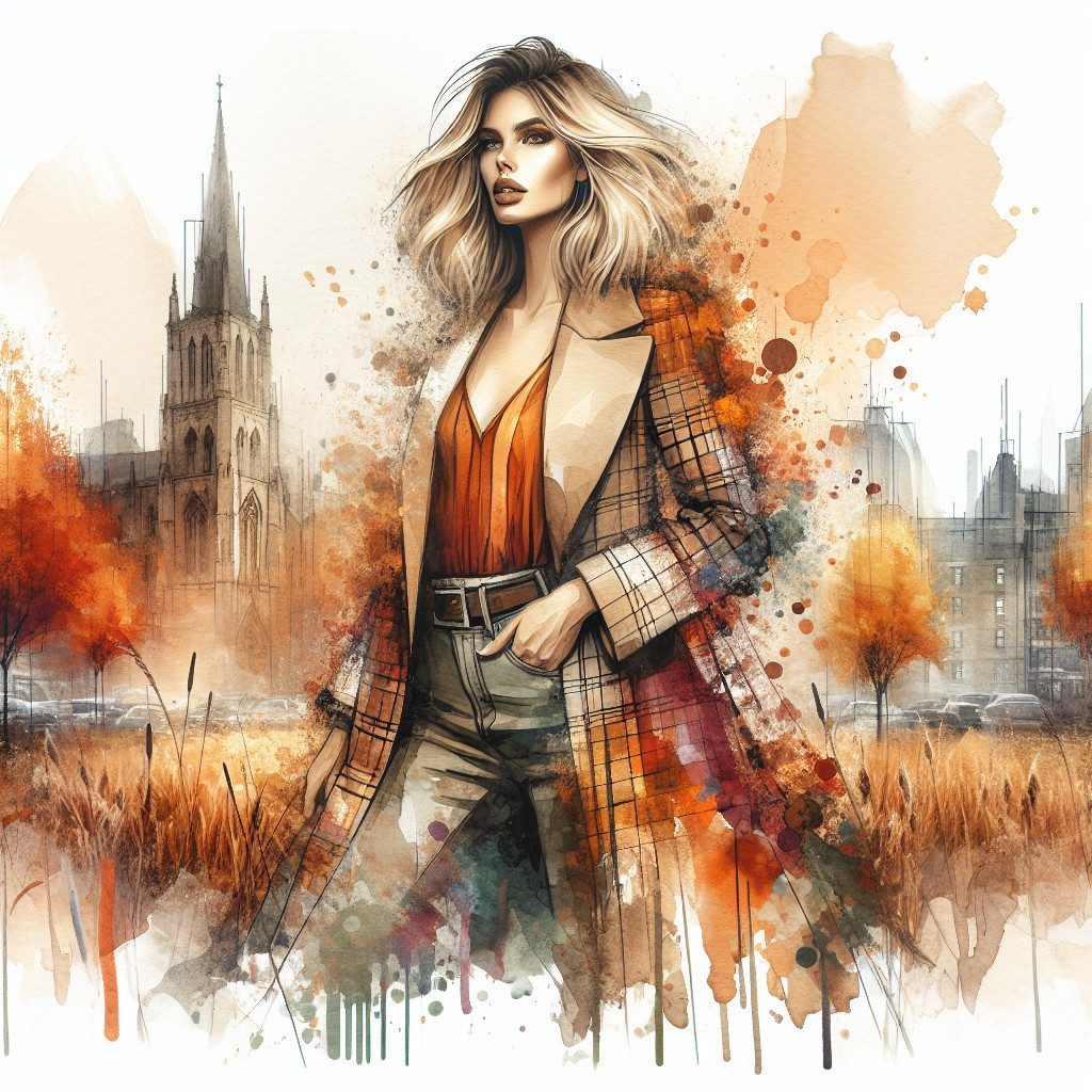 Fashionable Woman in Urban Autumn Setting with Plaid Coat