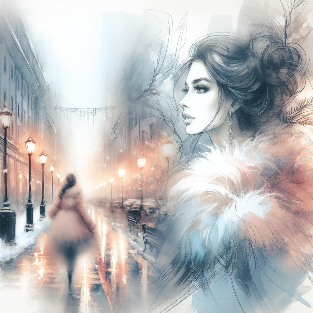 Whimsical Winter Scene with Elegant Woman and Mystery