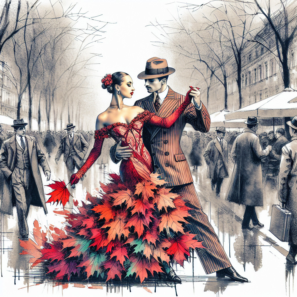 Couple Dancing in Autumn Foliage with City Life
