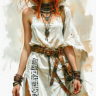 Young woman in white dress with hooded cape and jewelry