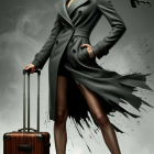 Model in Gray Overcoat with Vintage Red Suitcase