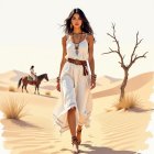 Serene figure in sheer gown amidst a hazy landscape