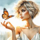 Woman with Tousled Hair and Off-Shoulder Top in Evening