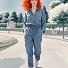 Woman with red hair in turquoise outfit on beach