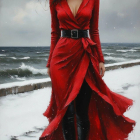 Woman in Red Dress Strolling on Beach at Dusk