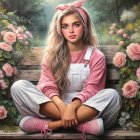 Young Woman in Pink Outfit Surrounded by Roses