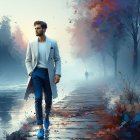 Young man in trench coat by misty rocky shore