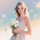Young woman with daisies in a pastel background