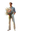 Stylish Man in Light Gray Suit with Pink Roses