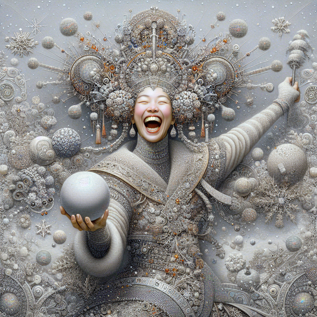 Joyful Asian Woman in Ornate Headdress and Dress