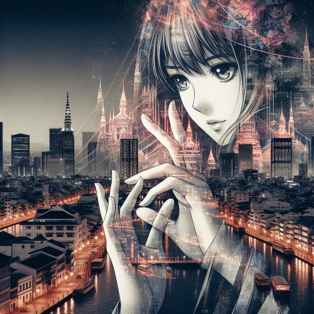 Serene Urban Night Scene with Anime-Inspired Figure