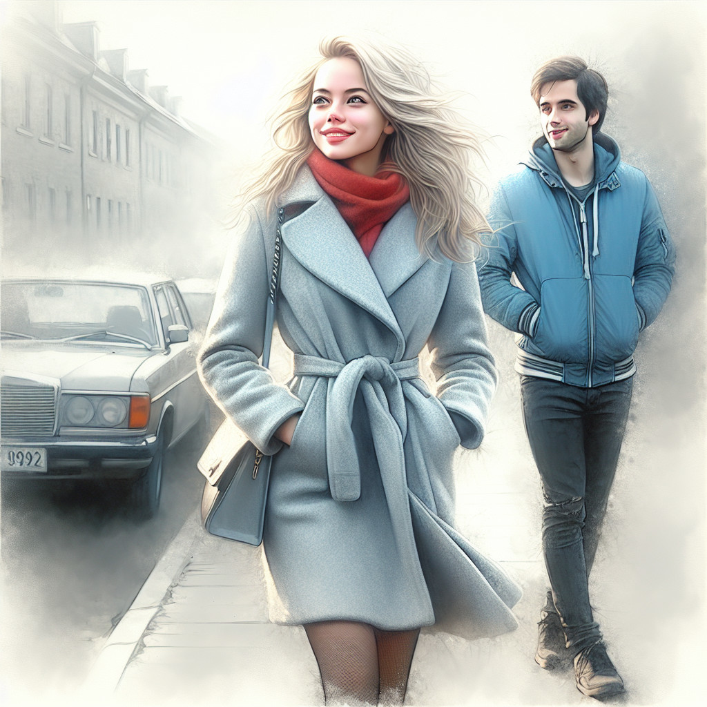 Stylish Young Woman and Man in Misty Urban Setting