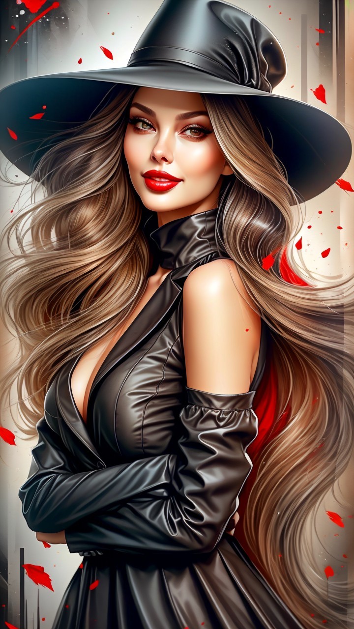 Elegant Woman in Black Outfit Surrounded by Red Petals