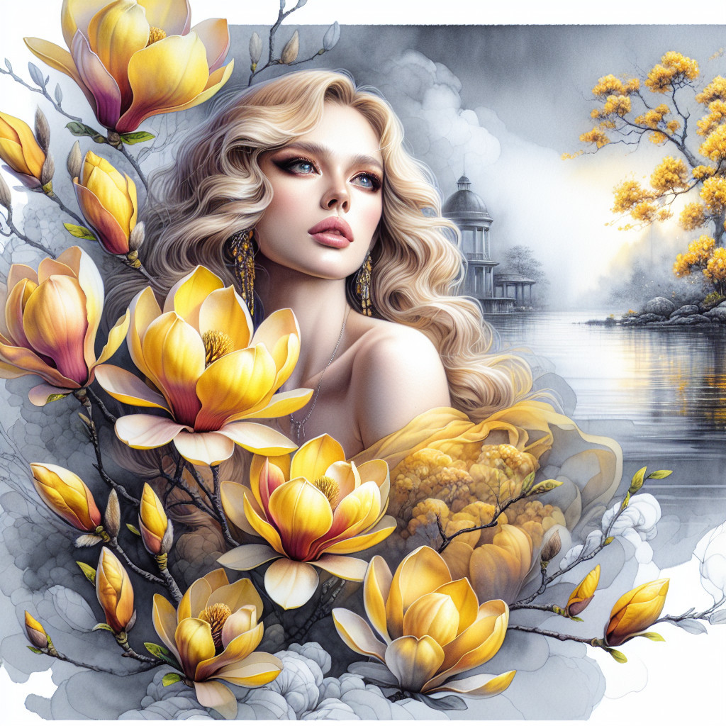 Ethereal Portrait of a Woman with Magnolias and Landscape