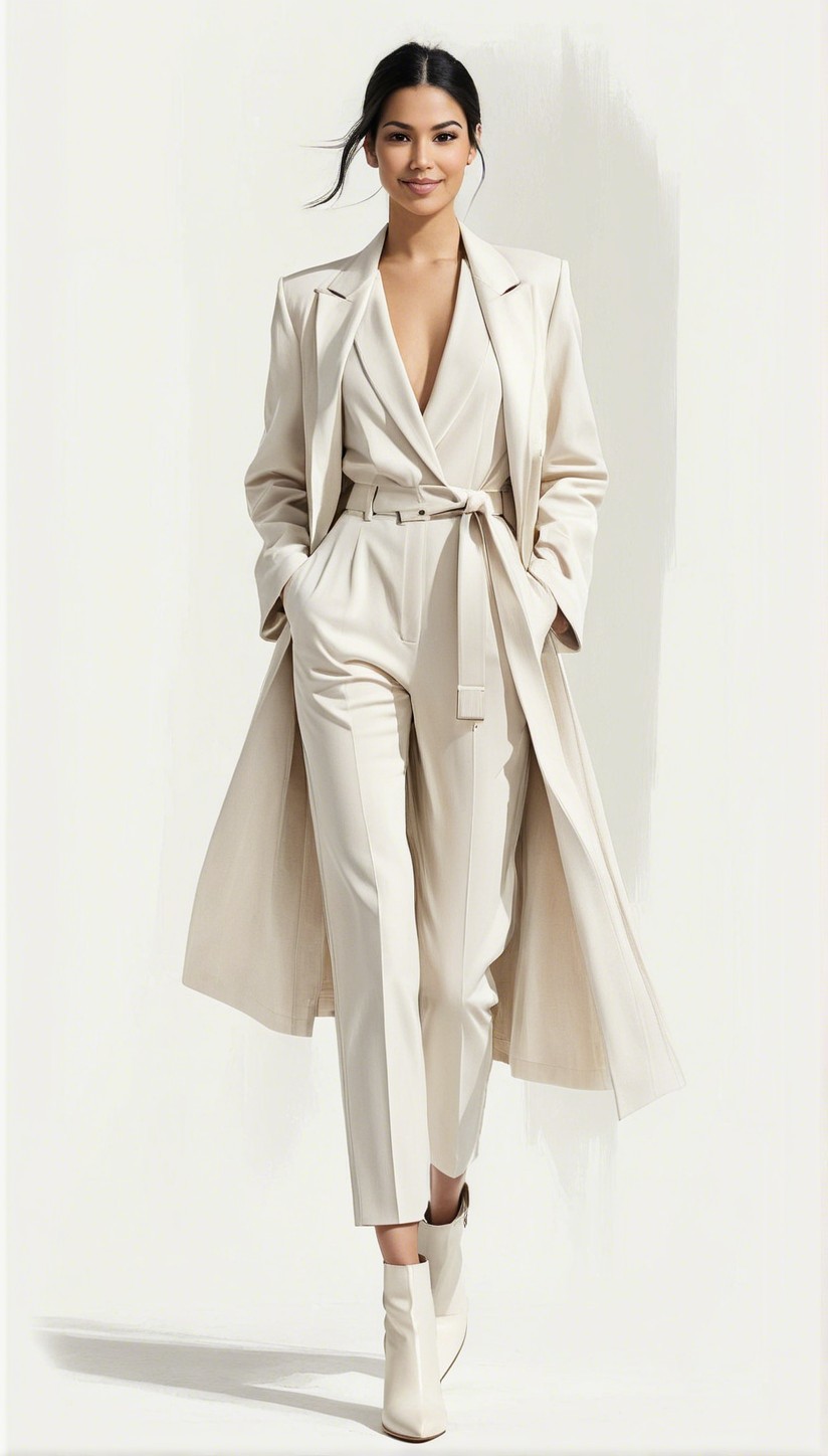 Full body shot of a young woman in cream attire