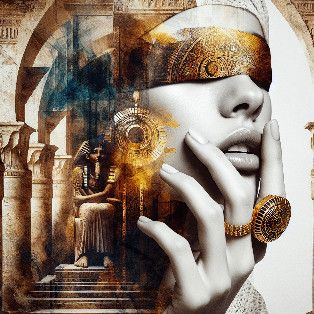 Close-up of a woman with headpiece and blindfold