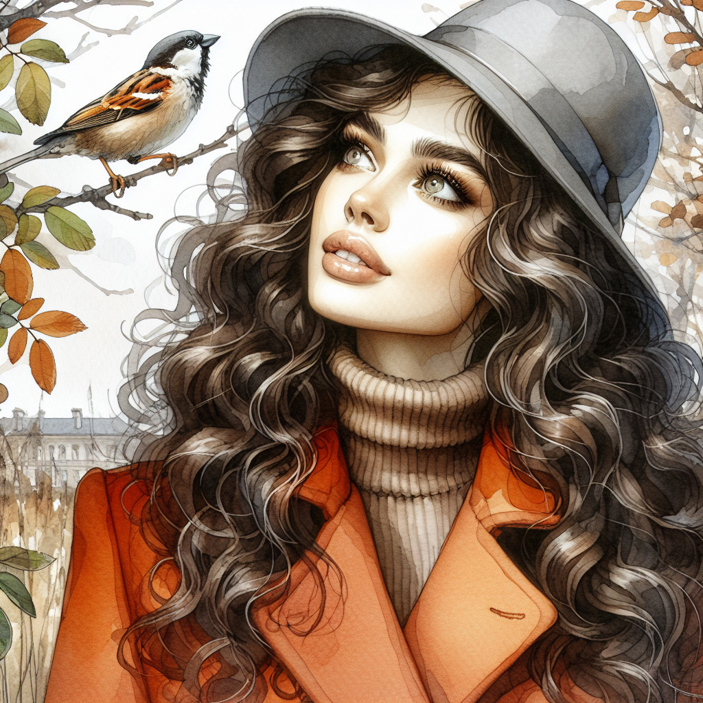 Young woman in orange coat with autumn scenery