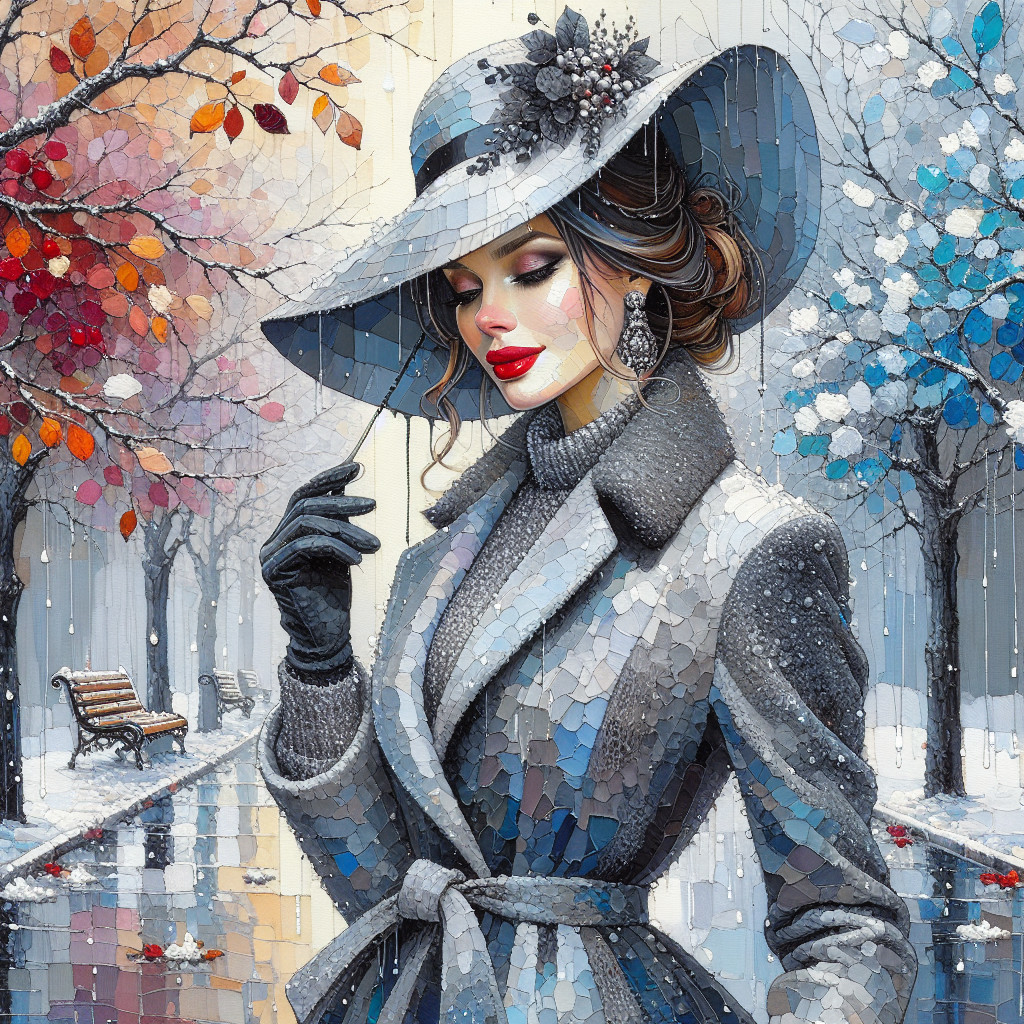Stylish Woman in Gray Coat in Rainy Autumn Scene