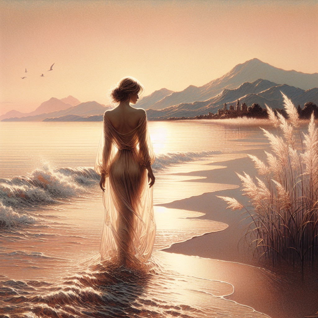 Serene Sunset with Woman on Shoreline at Dusk
