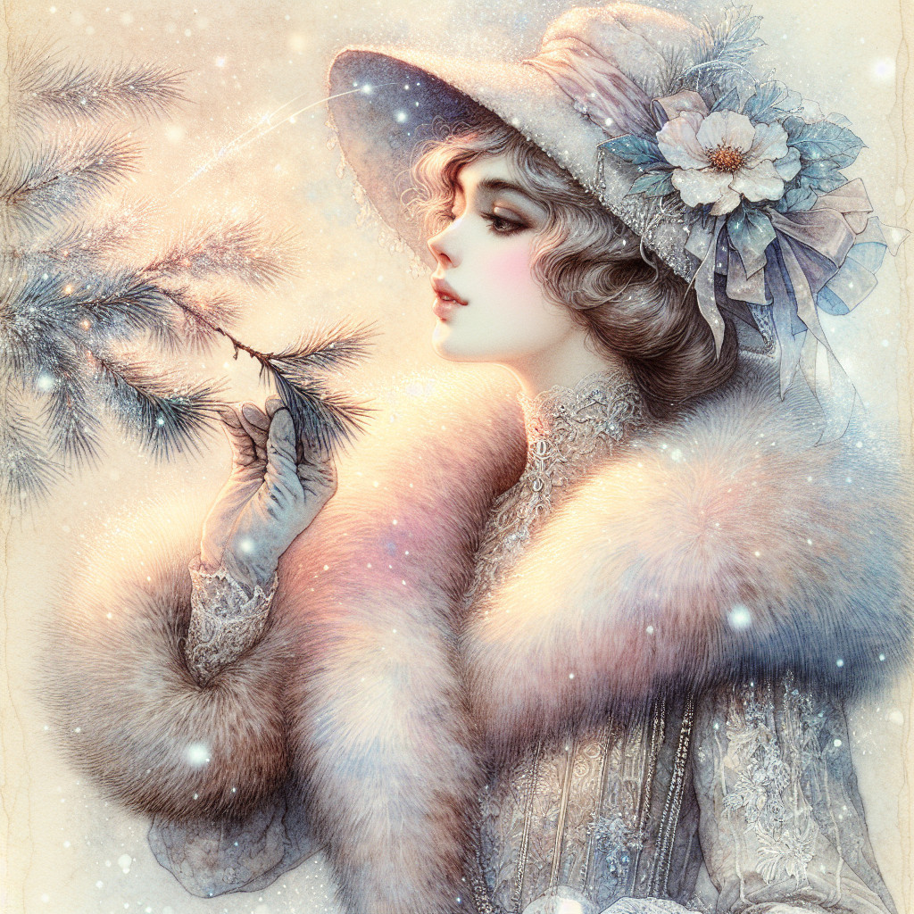 Watercolor Painting of Woman in Elegant Winter Attire
